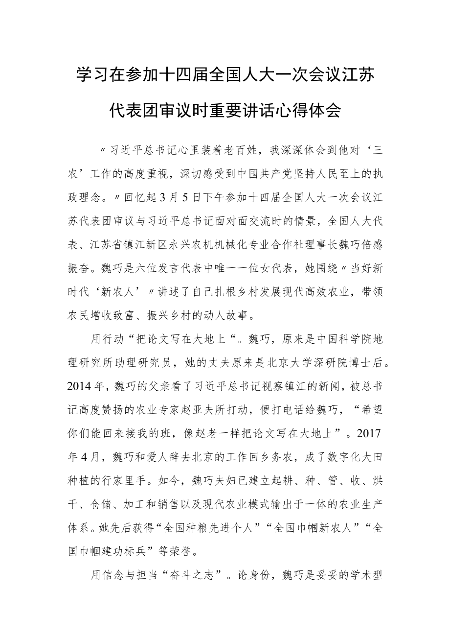 （3篇）党组干部学习领会在参加十四届全国人大一次会议江苏代表团审议时重要讲话精神心得感想材料.docx_第1页