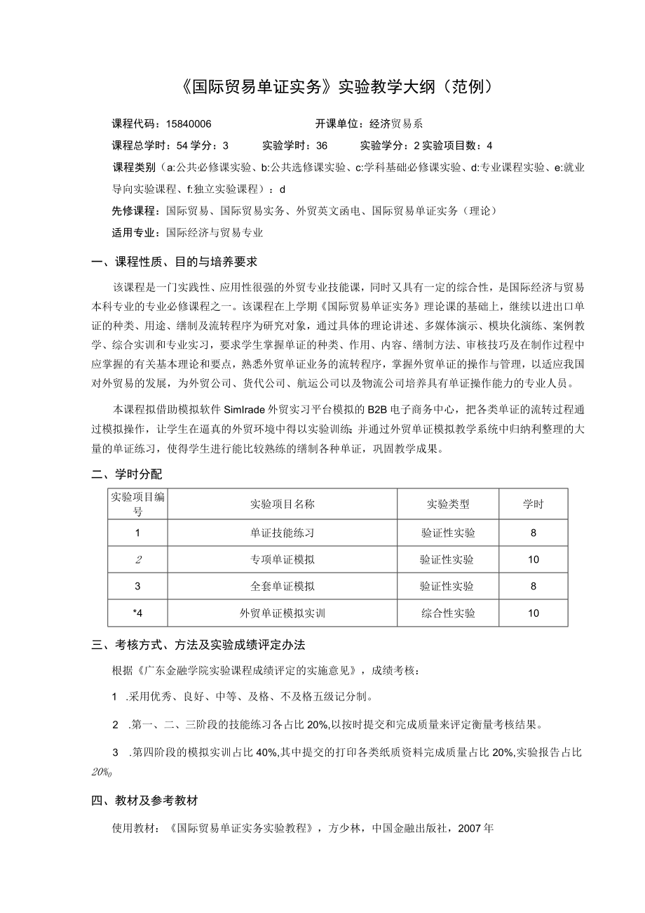 《国际贸易单证实务》实验教学大纲（范例）.docx_第1页