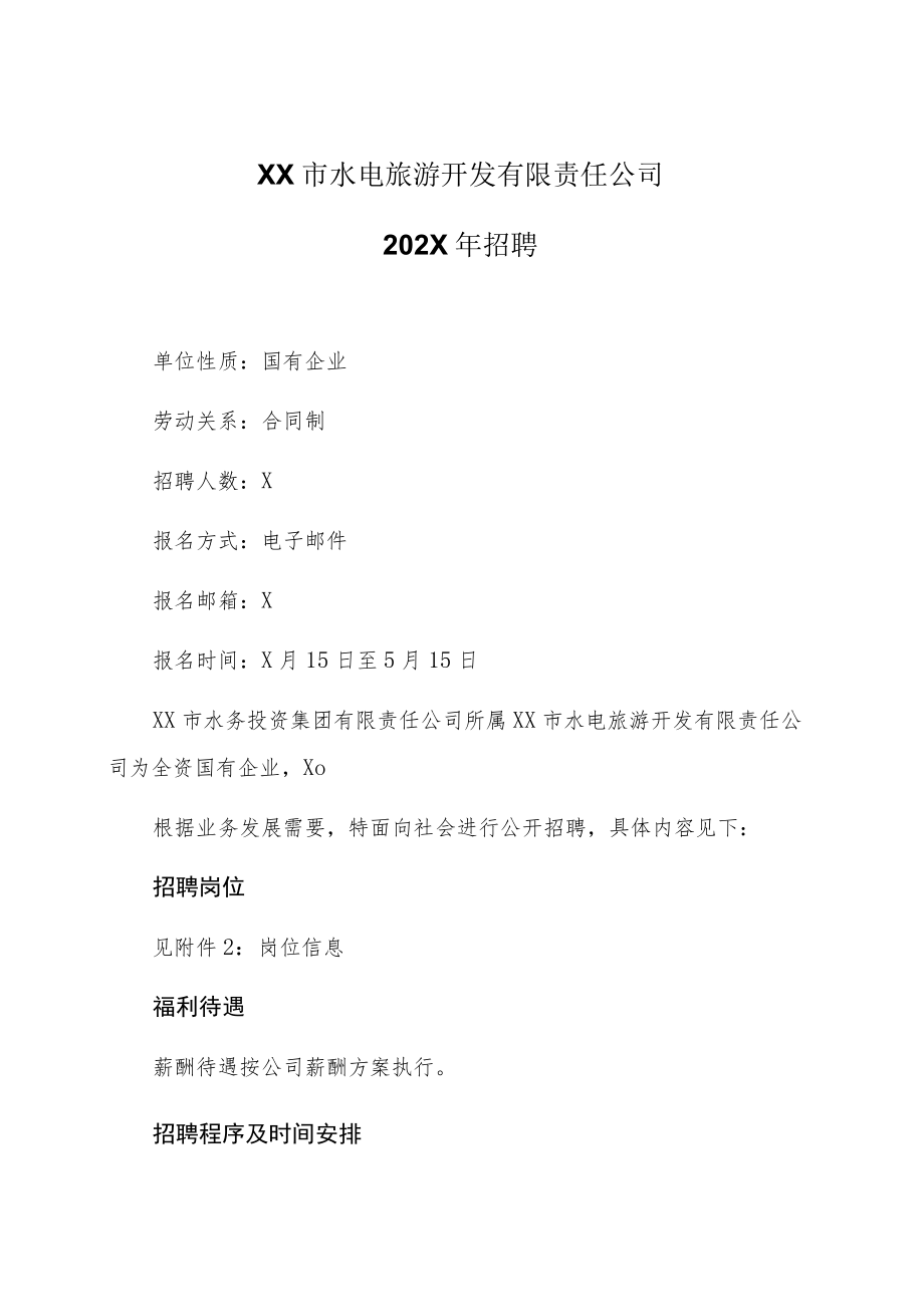 XX市水电旅游开发有限责任公司202X年招聘.docx_第1页