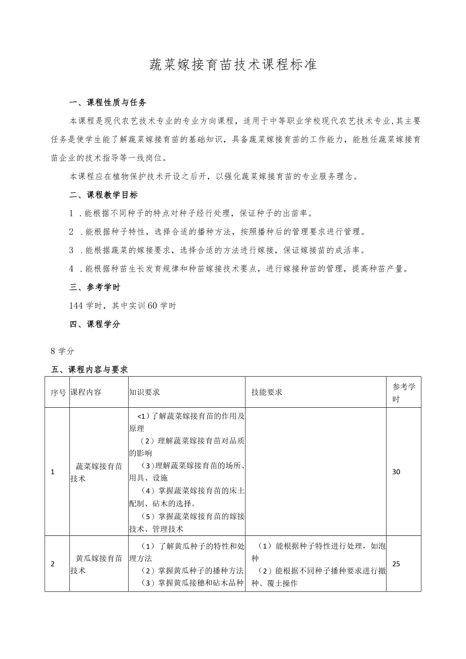 蔬菜嫁接育苗技术课程标准.docx_第1页