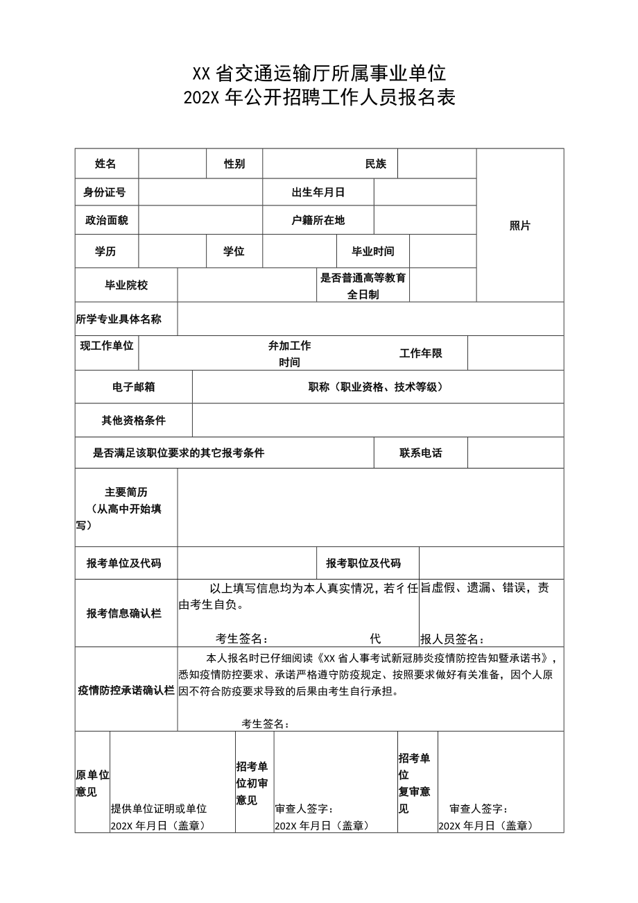 XX省交通运输厅所属事业单位202X年公开招聘工作人员报名表.docx_第1页