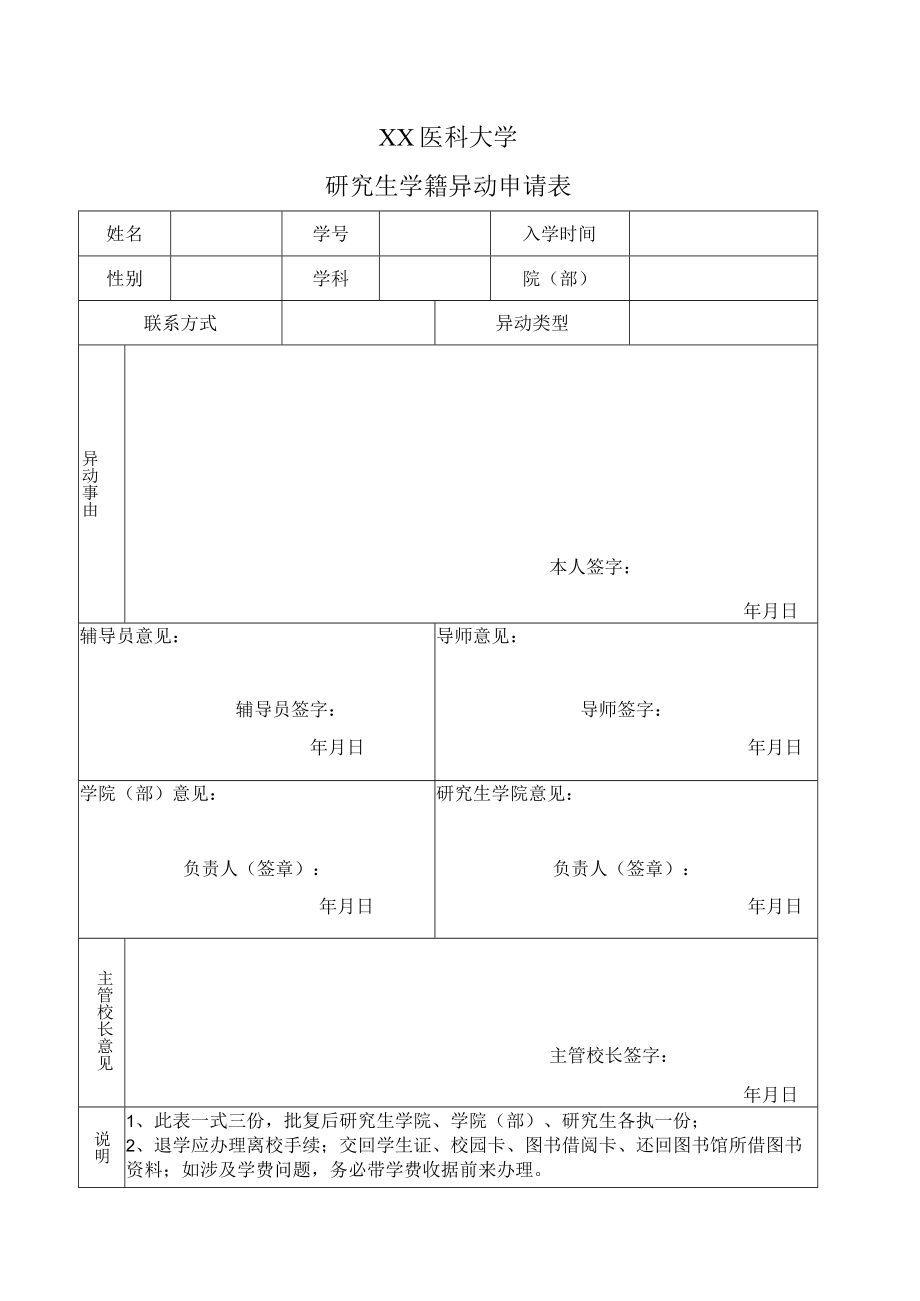 XX医科大学研究生学籍异动申请表.docx_第1页