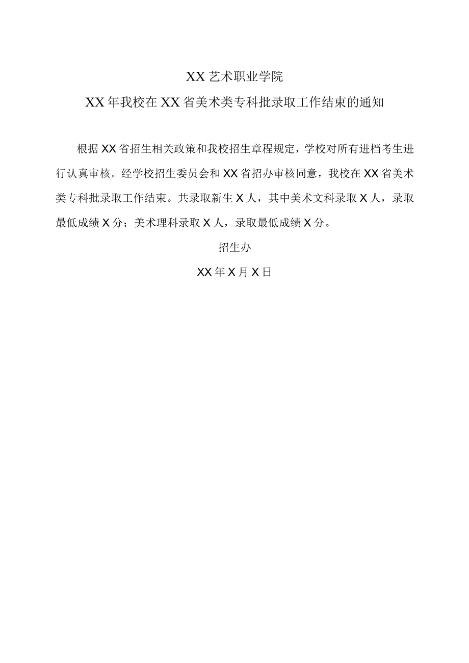 XX艺术职业学院XX年我校在XX省美术类专科批录取工作结束的通知.docx_第1页