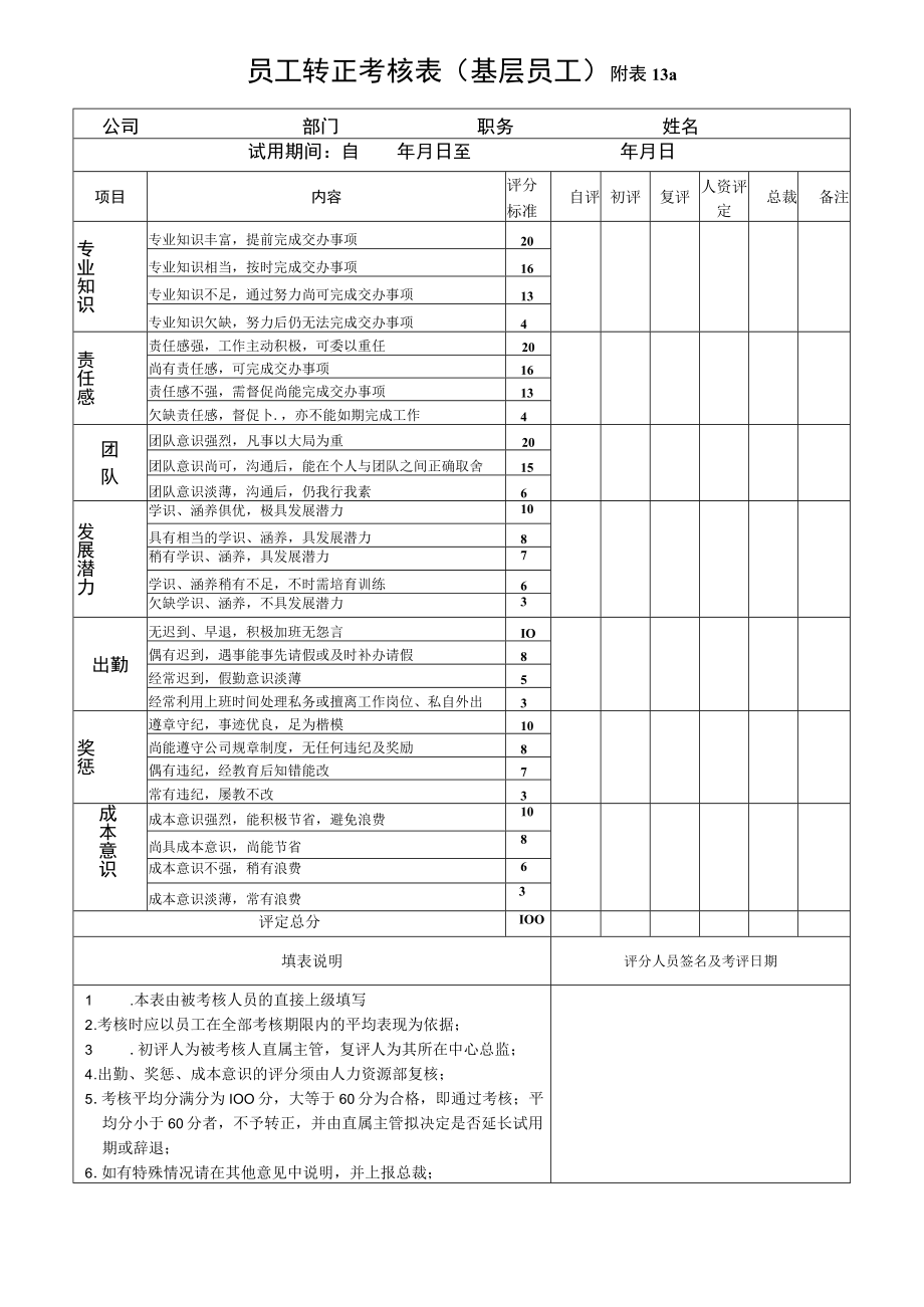 员工转正考核表（基层员工） 附表13a.docx_第1页