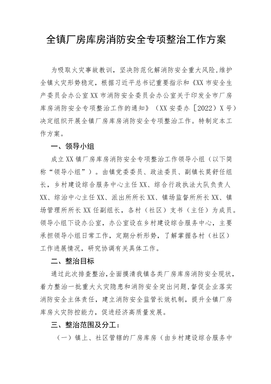 全镇厂房库房消防安全专项整治工作方案.docx_第1页