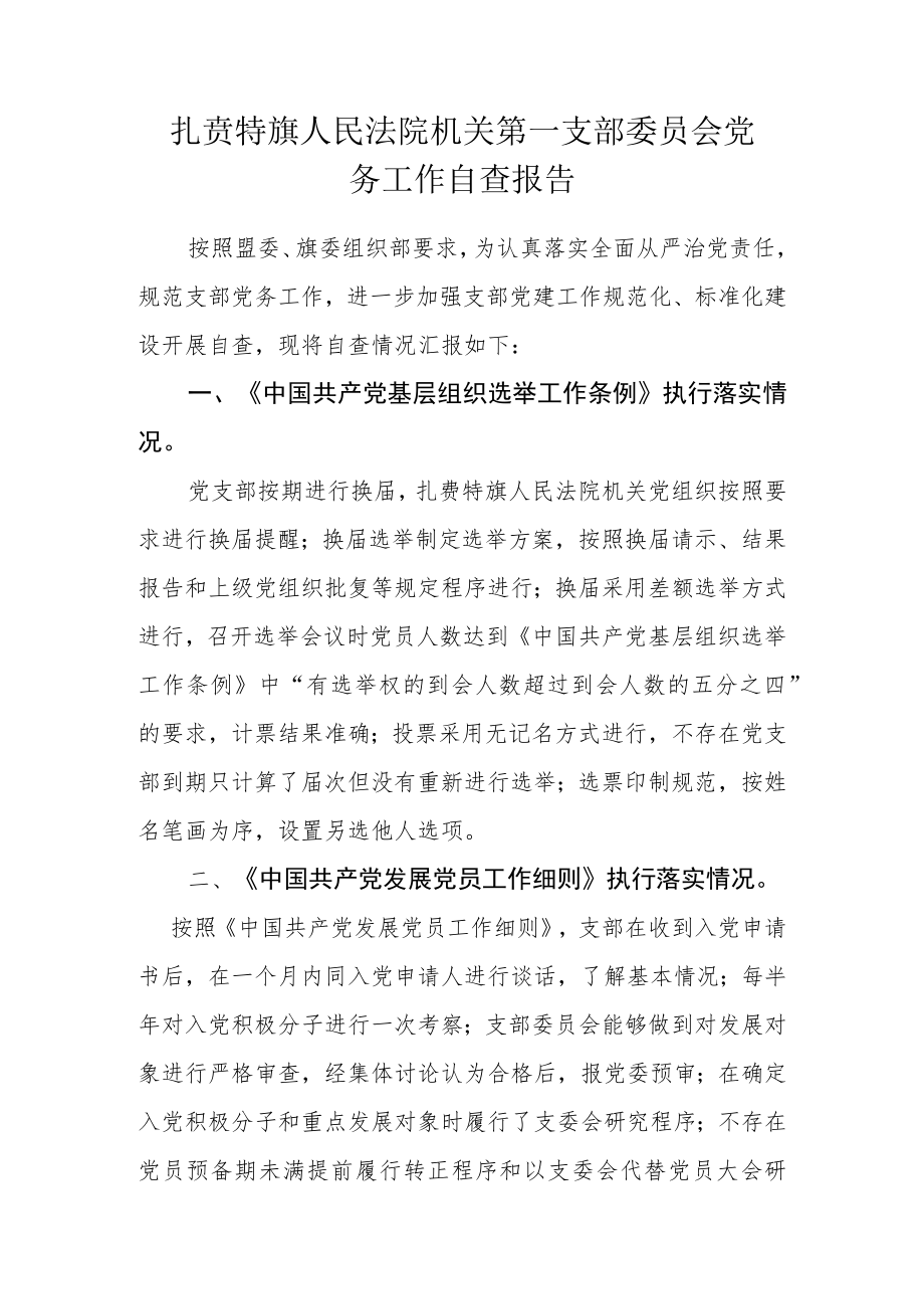 扎赉特旗人民法院机关第一党支部党务工作自查报告.docx_第1页