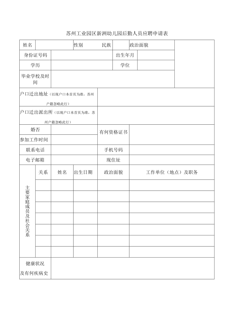 苏州工业园区新洲幼儿园后勤人员应聘申请表.docx_第1页