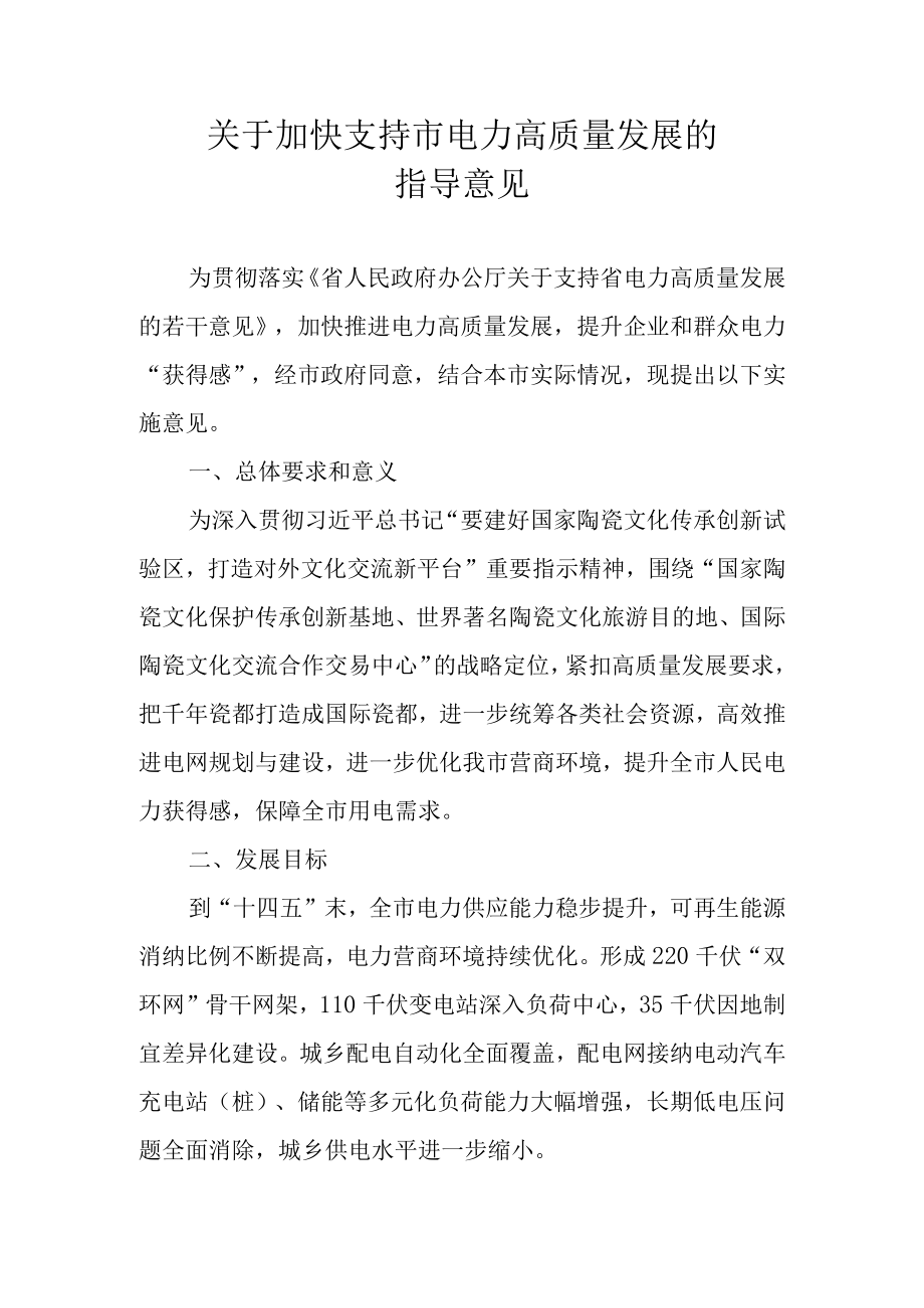 关于加快支持市电力高质量发展的指导意见.docx_第1页