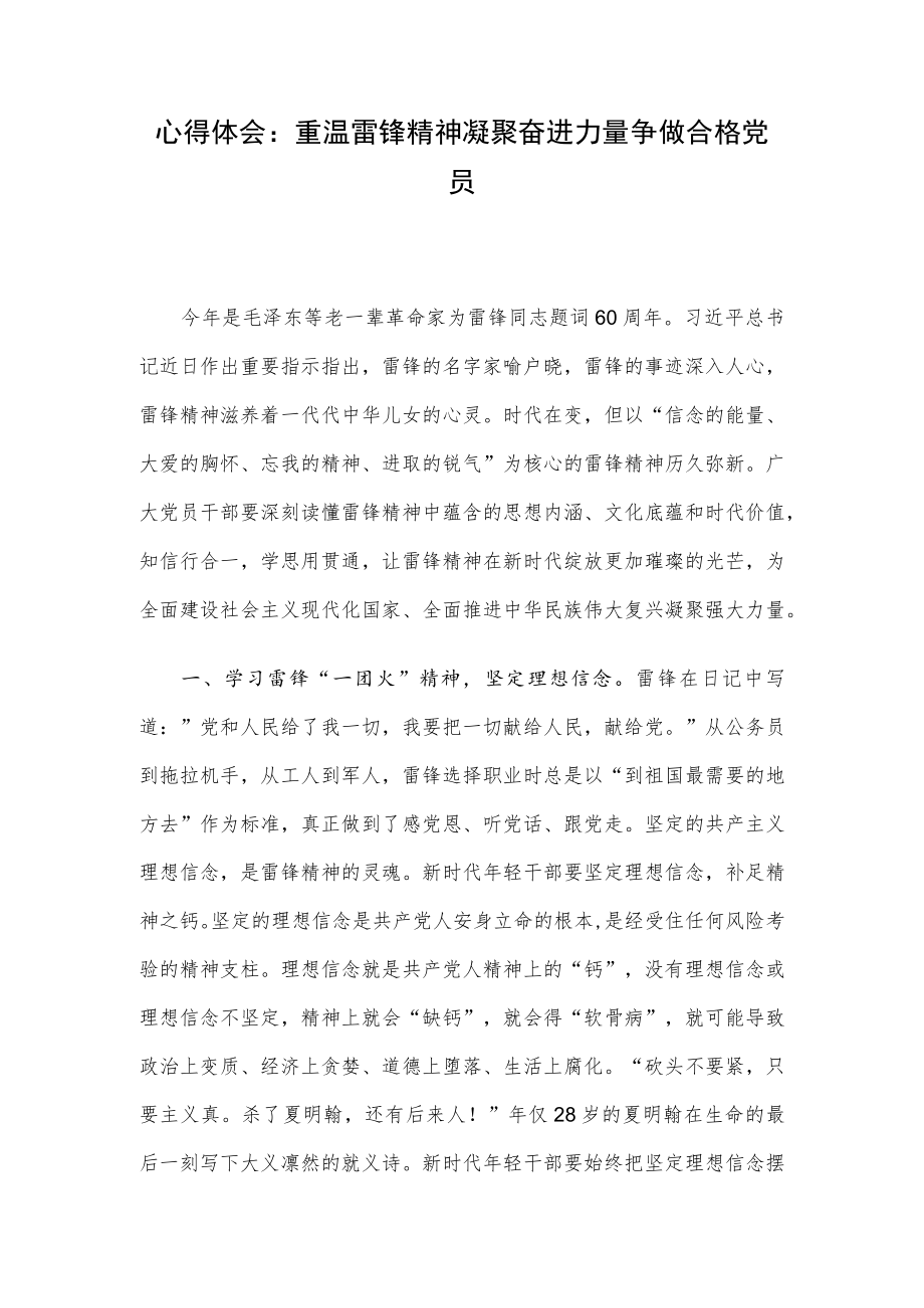 心得体会：重温雷锋精神 凝聚奋进力量 争做合格党员.docx_第1页