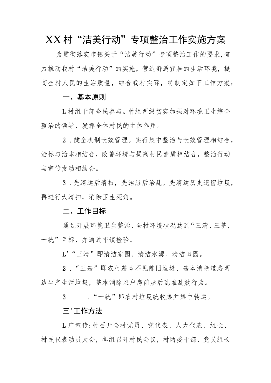 XX村“洁美行动”专项整治工作实施方案.docx_第1页