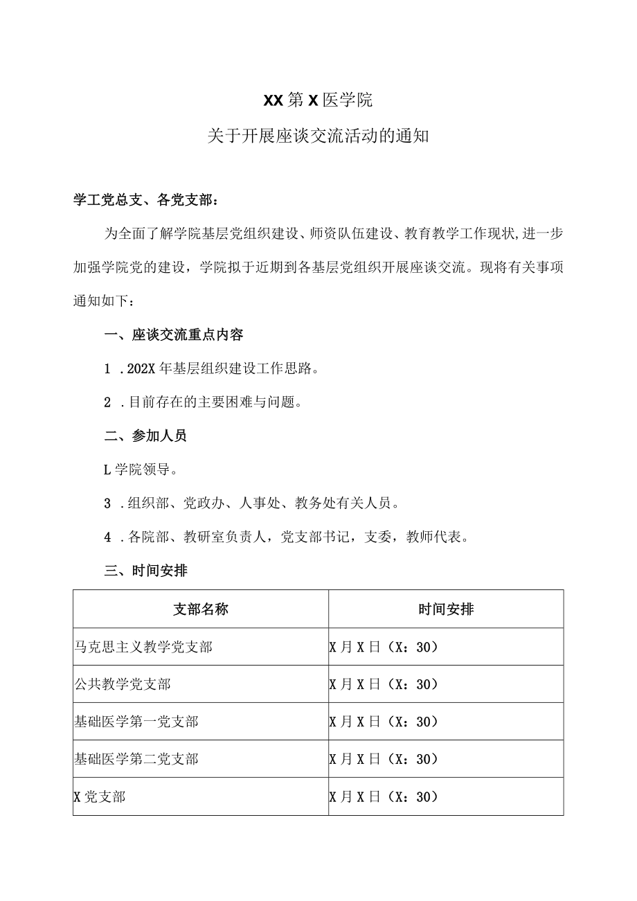 XX第X医学院关于开展座谈交流活动的通知.docx_第1页