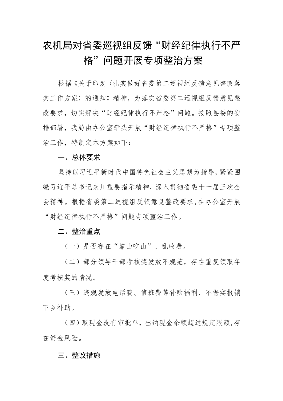 农机局对省委巡视组反馈“财经纪律执行不严格”问题开展专项整治方案.docx_第1页