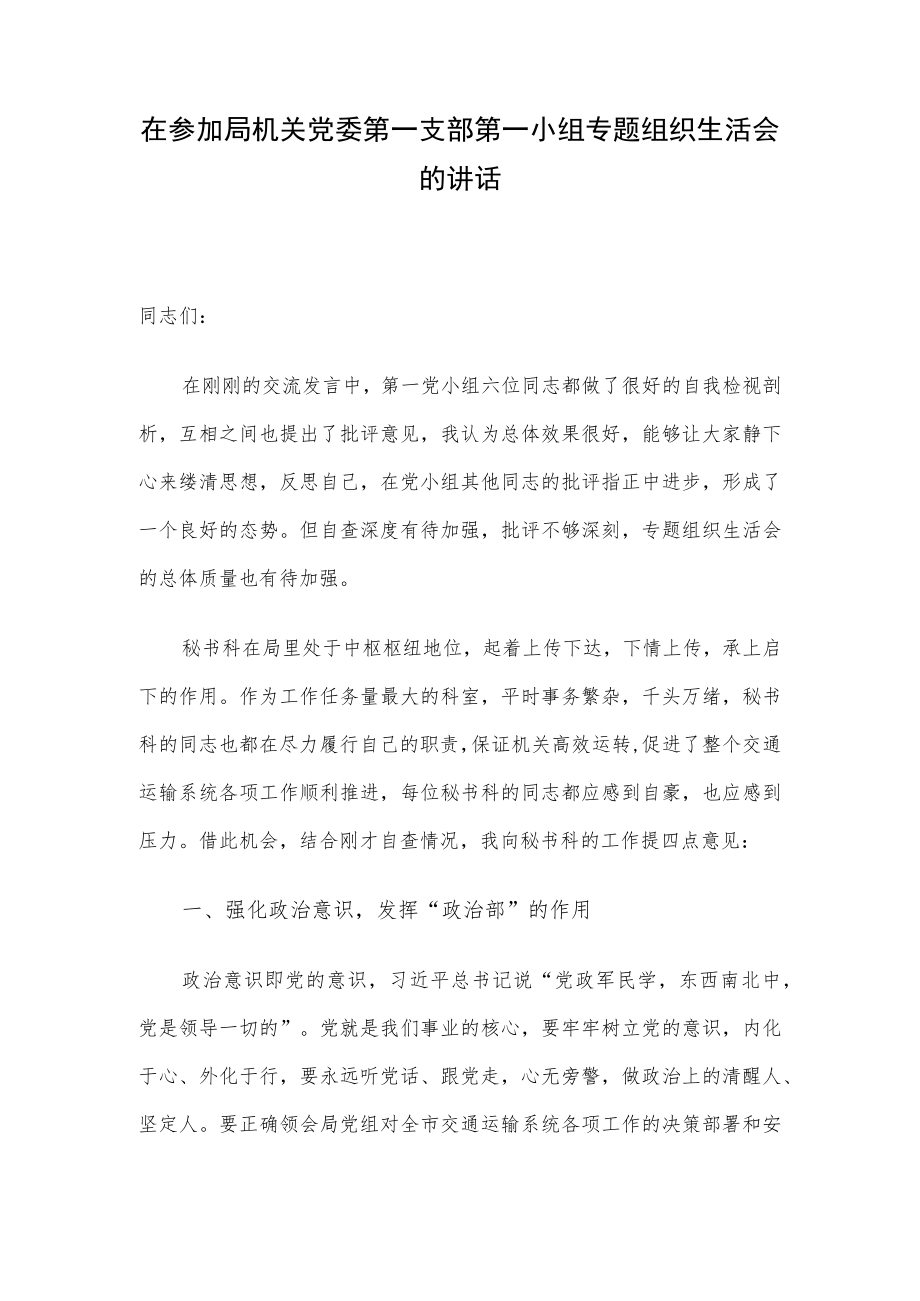 在参加局机关党委第一支部第一小组专题组织生活会的讲话.docx_第1页