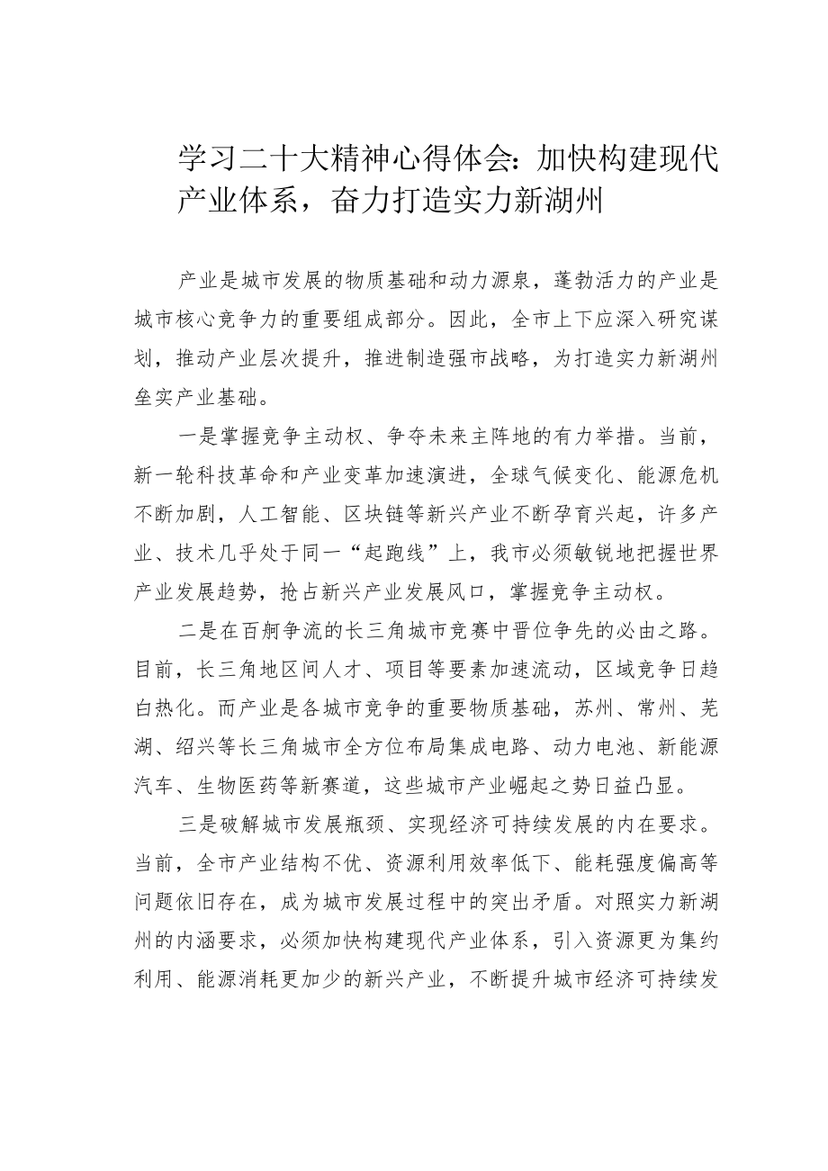 学习二十大精神心得体会：加快构建现代产业体系奋力打造实力新湖州.docx_第1页