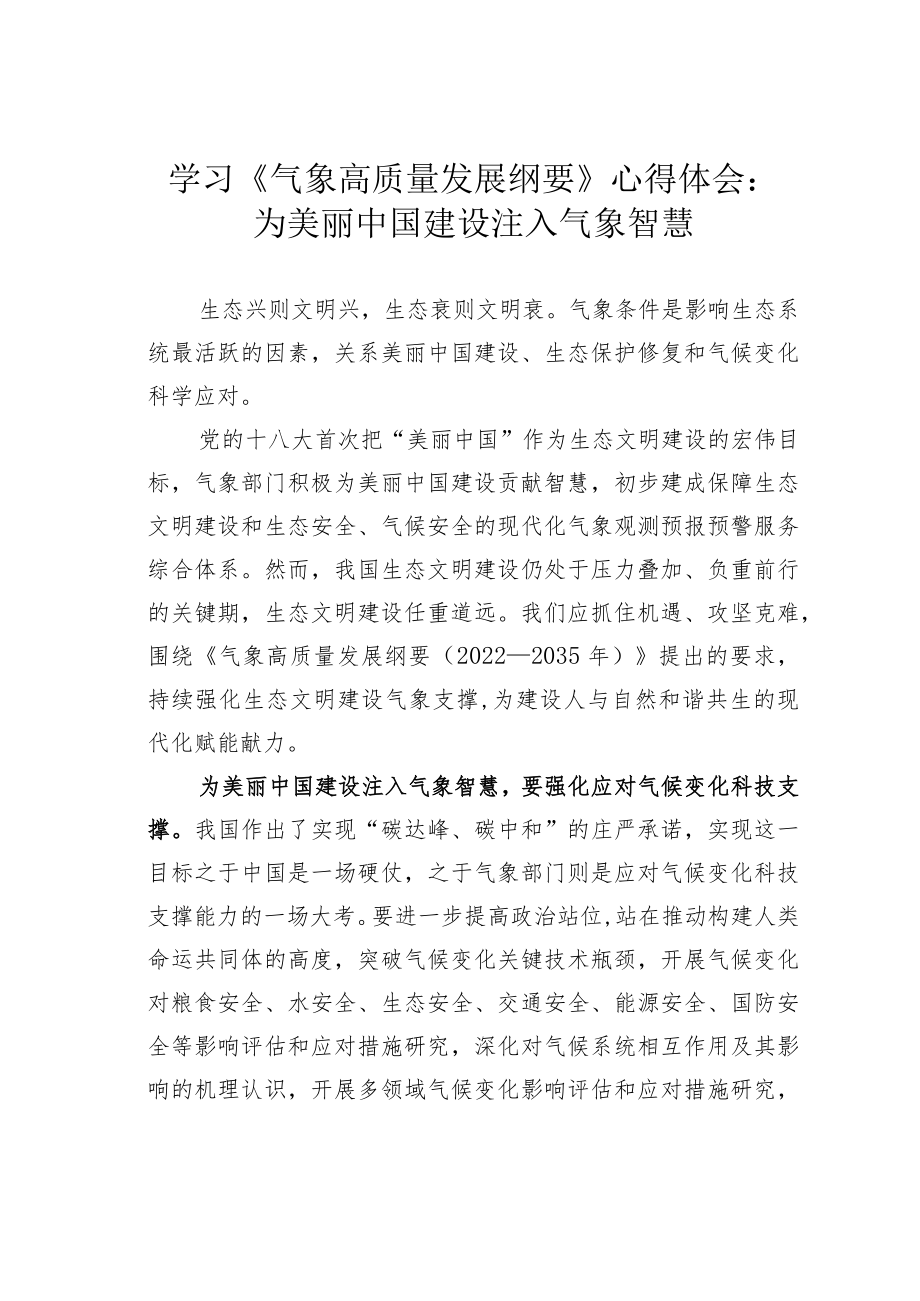 学习《气象高质量发展纲要》心得体会：为美丽中国建设注入气象智慧.docx_第1页