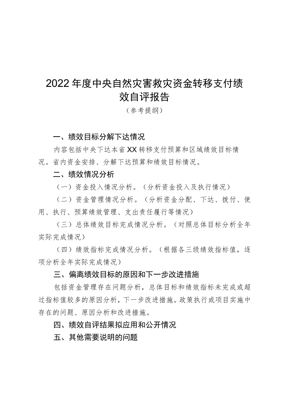 2022年度中央自然灾害救灾资金转移支付绩效自评报告（参考提纲）、自评表、材料清单.docx_第2页