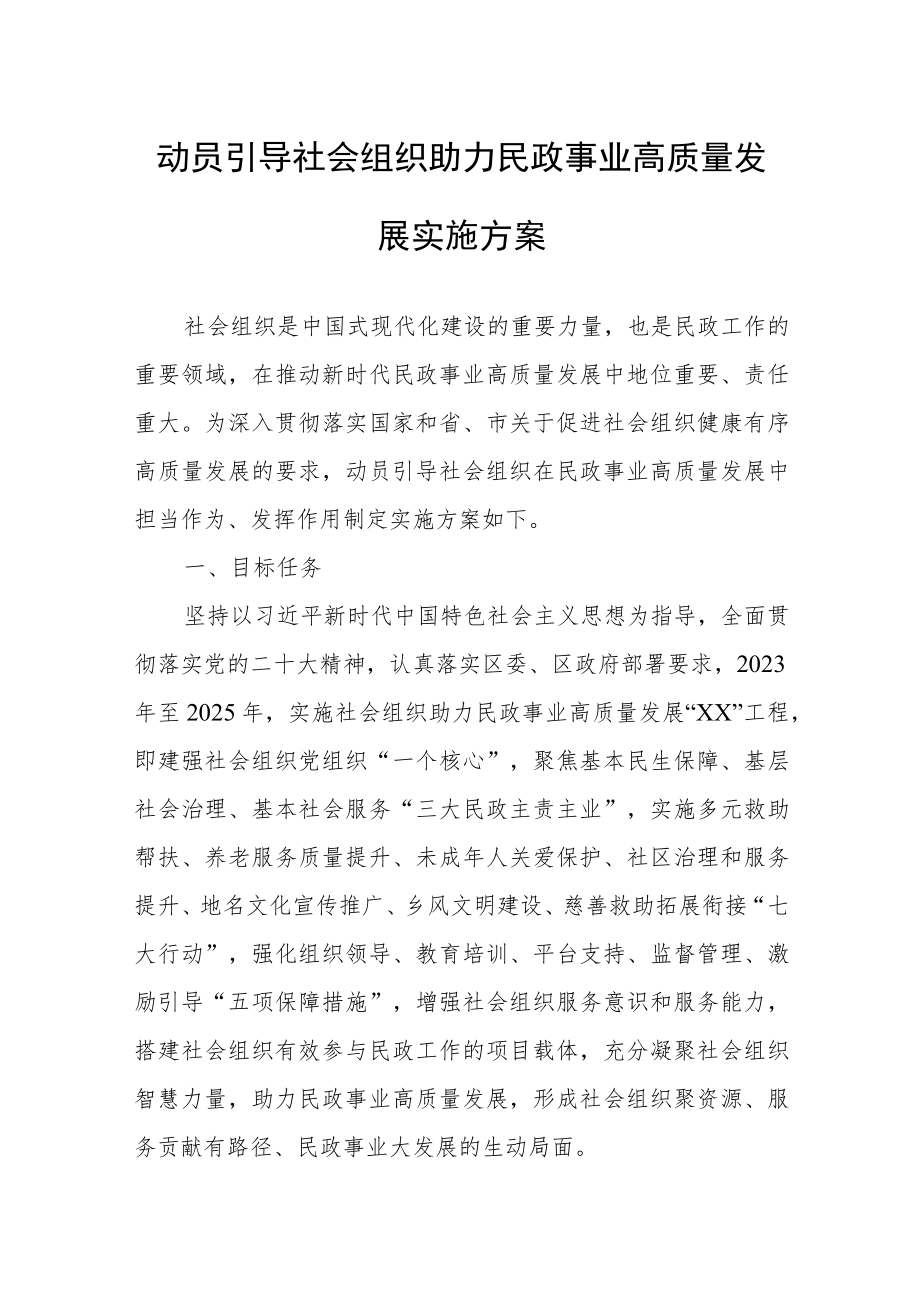 动员引导社会组织助力民政事业高质量发展实施方案.docx_第1页