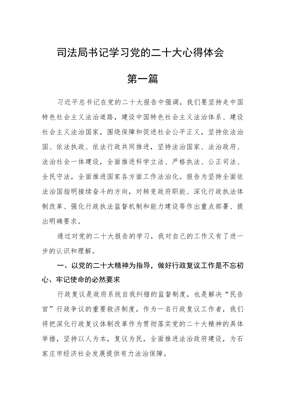 司法局书记学习党的二十大心得体会五篇.docx_第1页