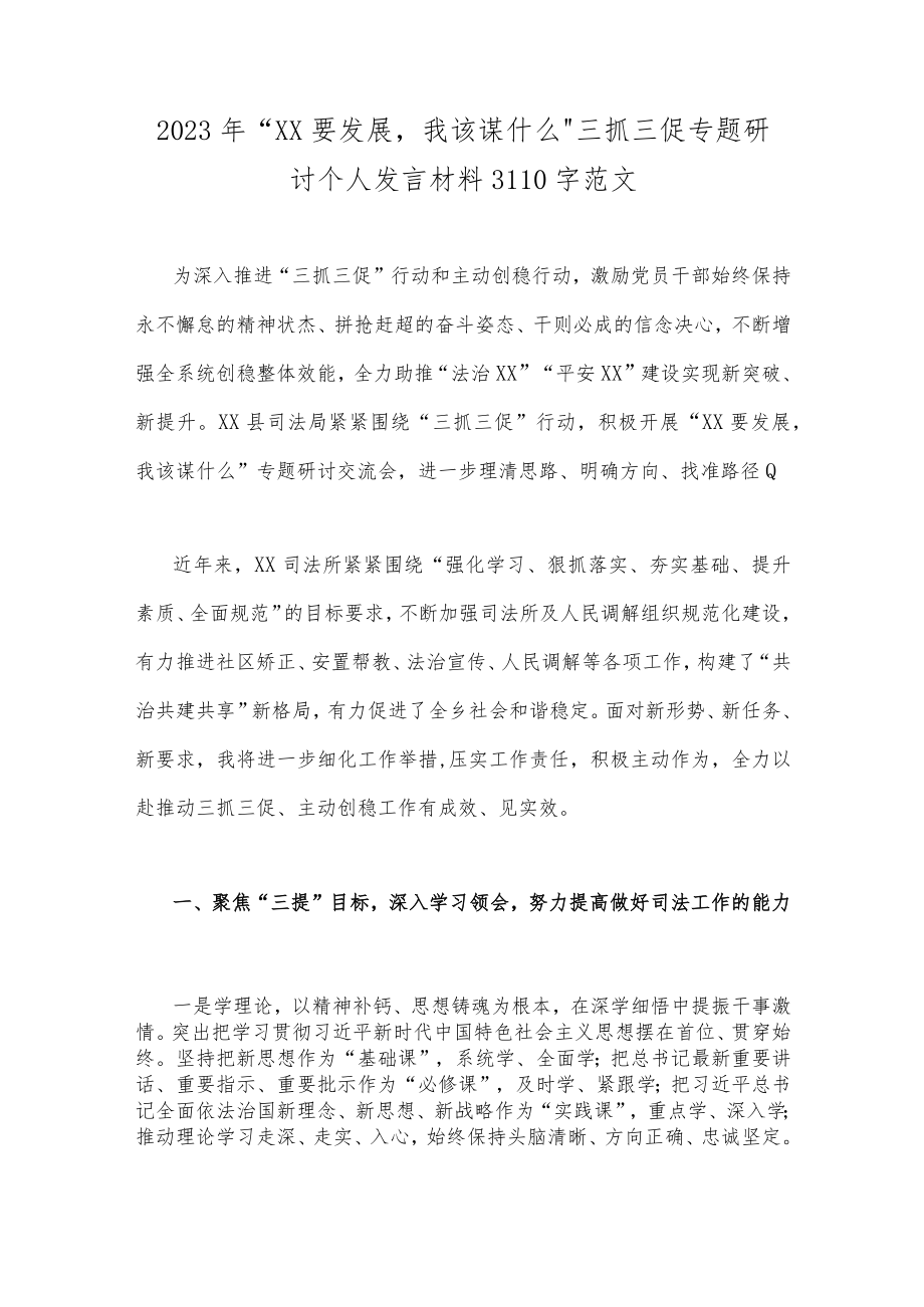 2023年“XX要发展我该谋什么”三抓三促专题研讨个人发言材料3110字范文.docx_第1页