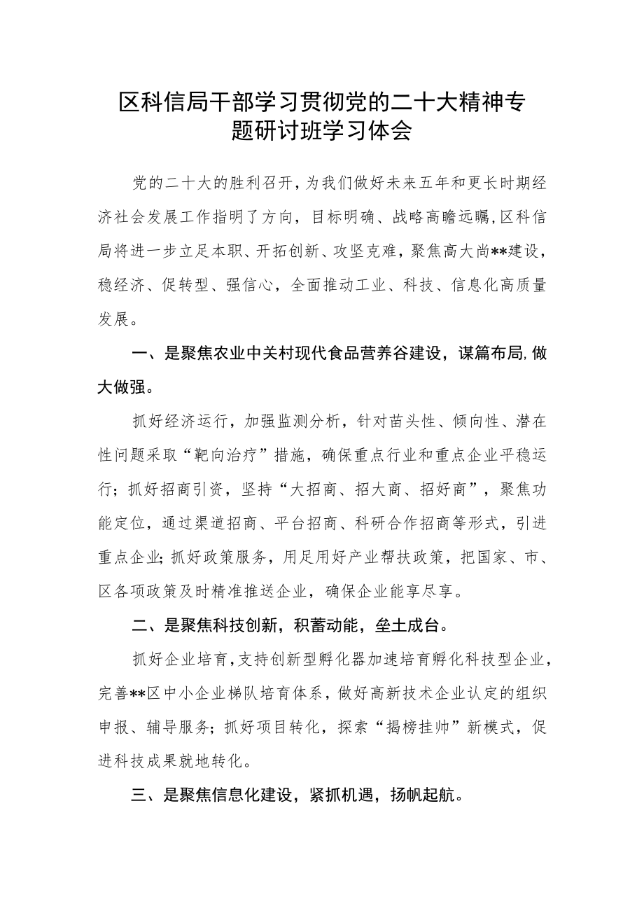 区科信局干部学习贯彻党的二十大精神专题研讨班学习体会.docx_第1页