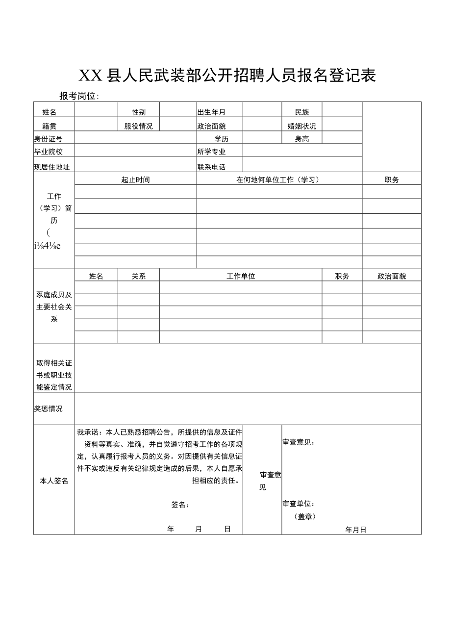 XX县人民武装部公开招聘人员报名登记表.docx_第1页