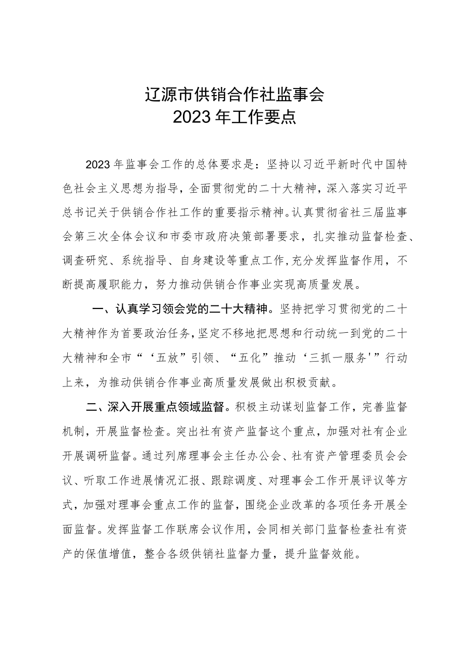 辽源市供销合作社监事会2023年工作要点.docx_第1页