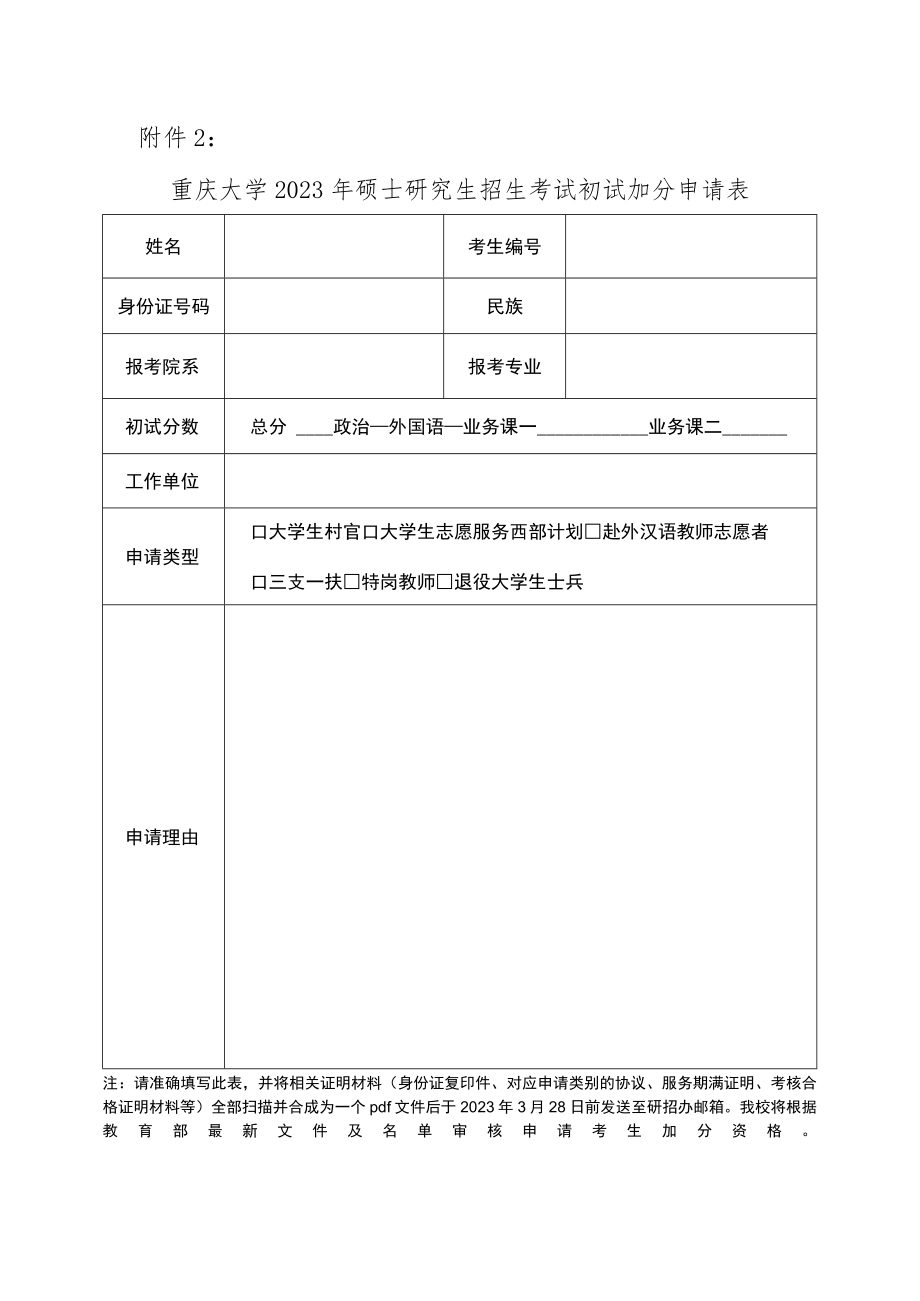 重庆大学2023年硕士研究生招生考试初试加分申请表.docx_第1页