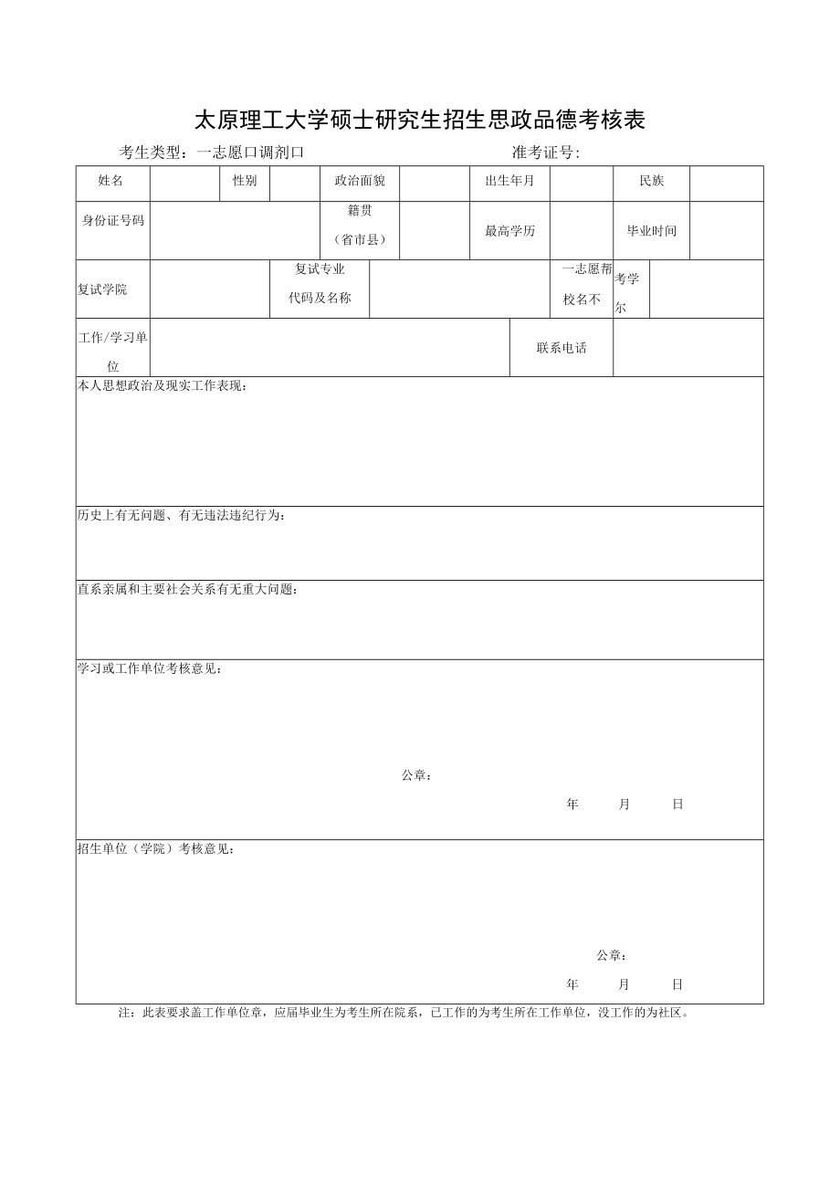 太原理工大学硕士研究生招生思政品德考核表.docx_第1页