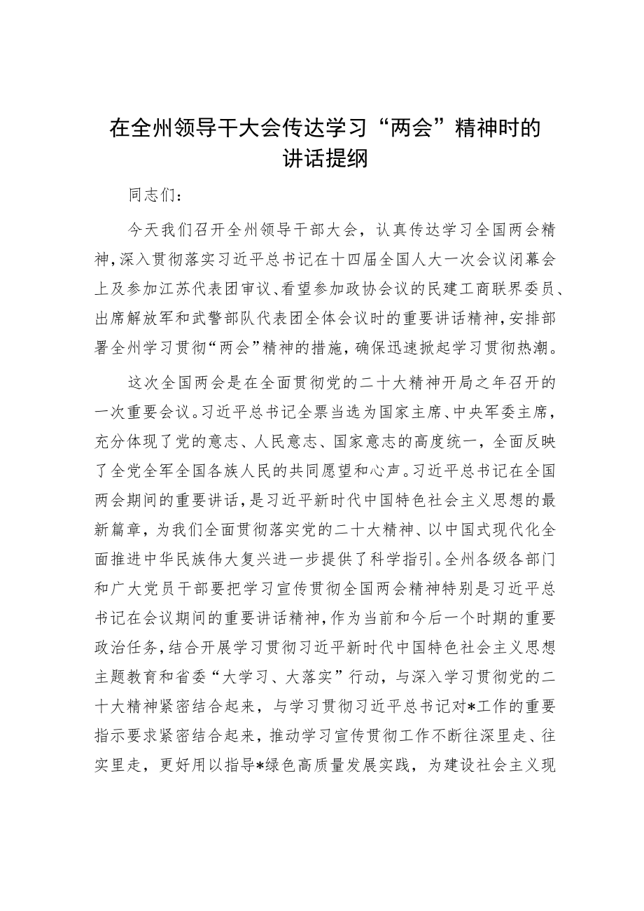 在全州领导干大会传达学习“两会”精神时的讲话提纲.docx_第1页