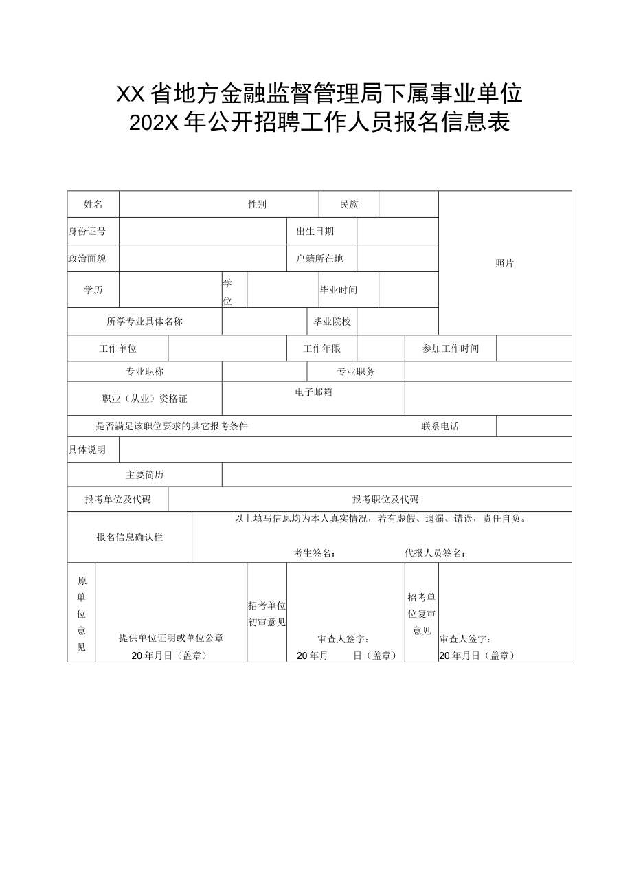 XX省地方金融监督管理局下属事业单位202X年公开招聘工作人员报名信息表.docx_第1页