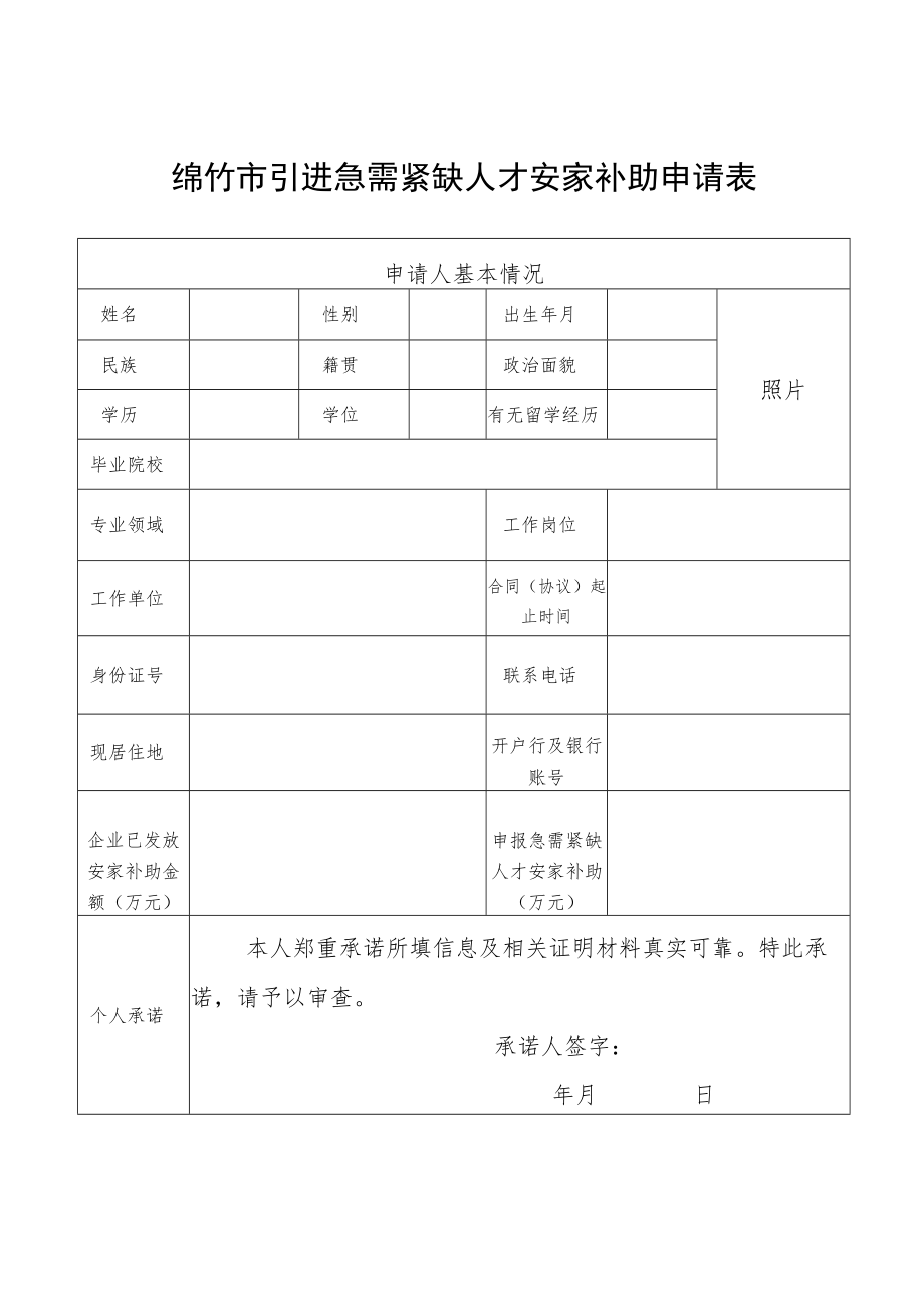 绵竹市引进急需紧缺人才安家补助申请表.docx_第1页