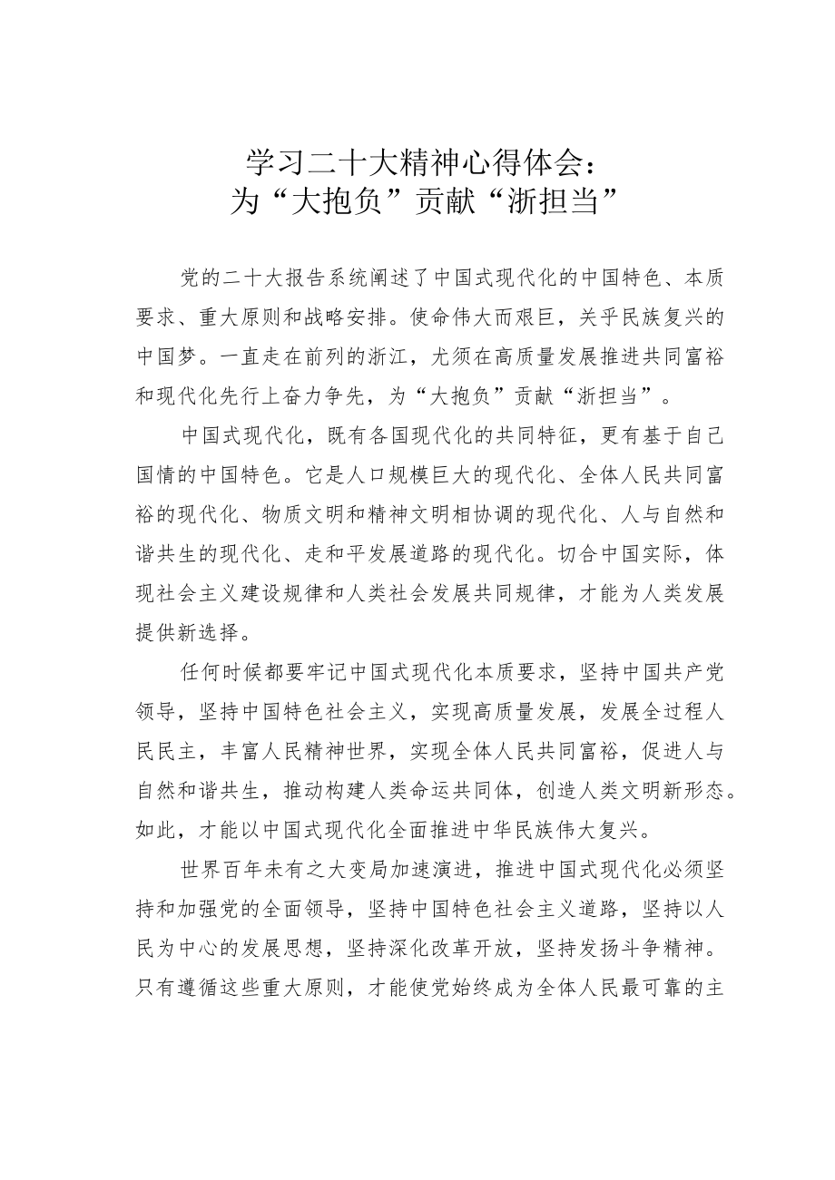 学习二十大精神心得体会：为“大抱负”贡献“浙担当”.docx_第1页