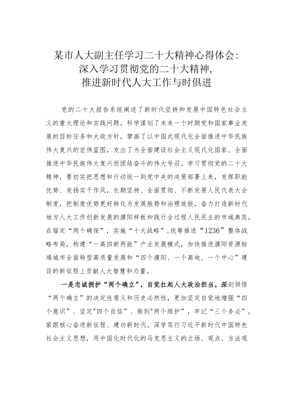 某市人大副主任学习二十大精神心得体会：深入学习贯彻党的二十大精神推进新时代人大工作与时俱进.docx_第1页