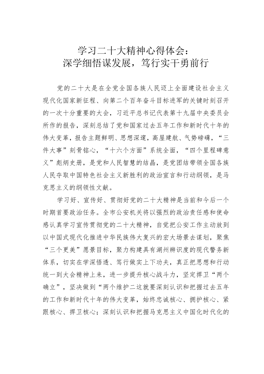 学习二十大精神心得体会：深学细悟谋发展笃行实干勇前行.docx_第1页