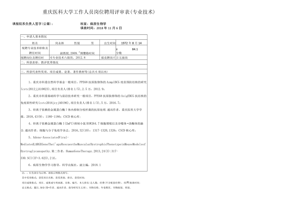 重庆医科大学工作人员岗位聘用评审表专业技术.docx_第1页