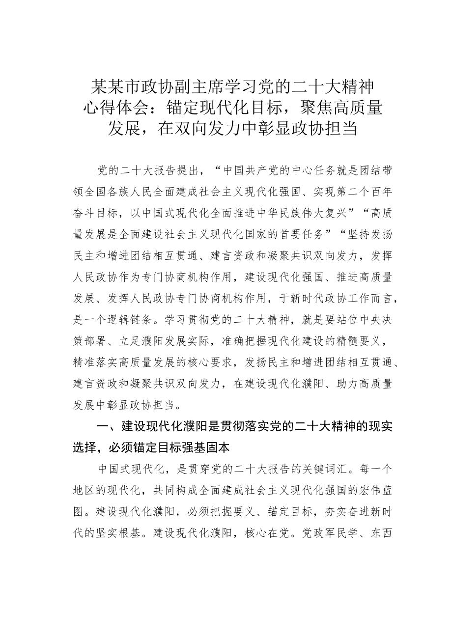 某某市政协副主席学习党的二十大精神心得体会：锚定现代化目标聚焦高质量发展在双向发力中彰显政协担当.docx_第1页