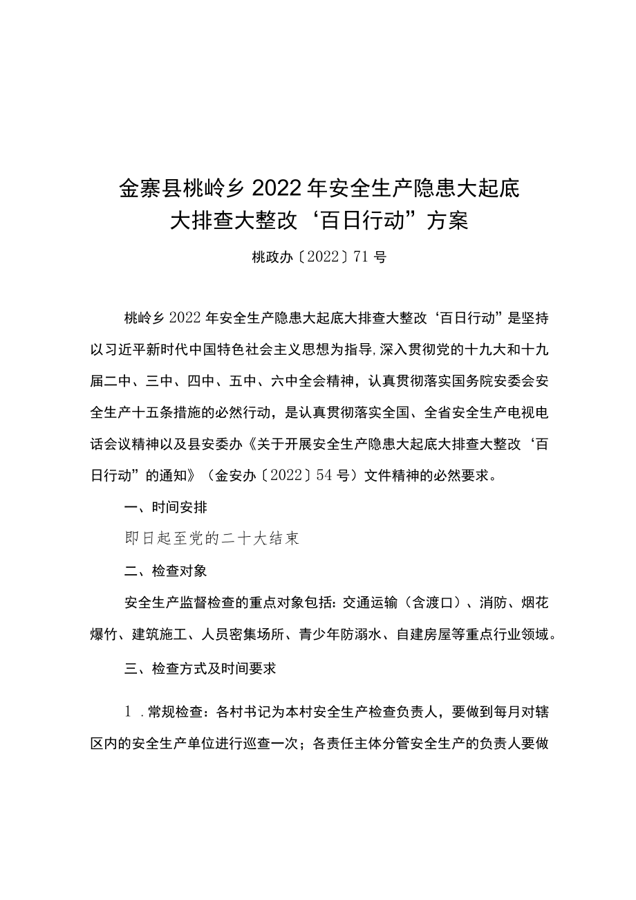 金寨县桃岭乡2022年安全生产隐患大起底大排查大整改“百日行动”方案.docx_第1页