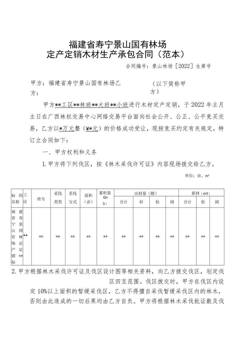 福建省寿宁景山国有林场定产定销木材生产承包合同范本.docx_第1页