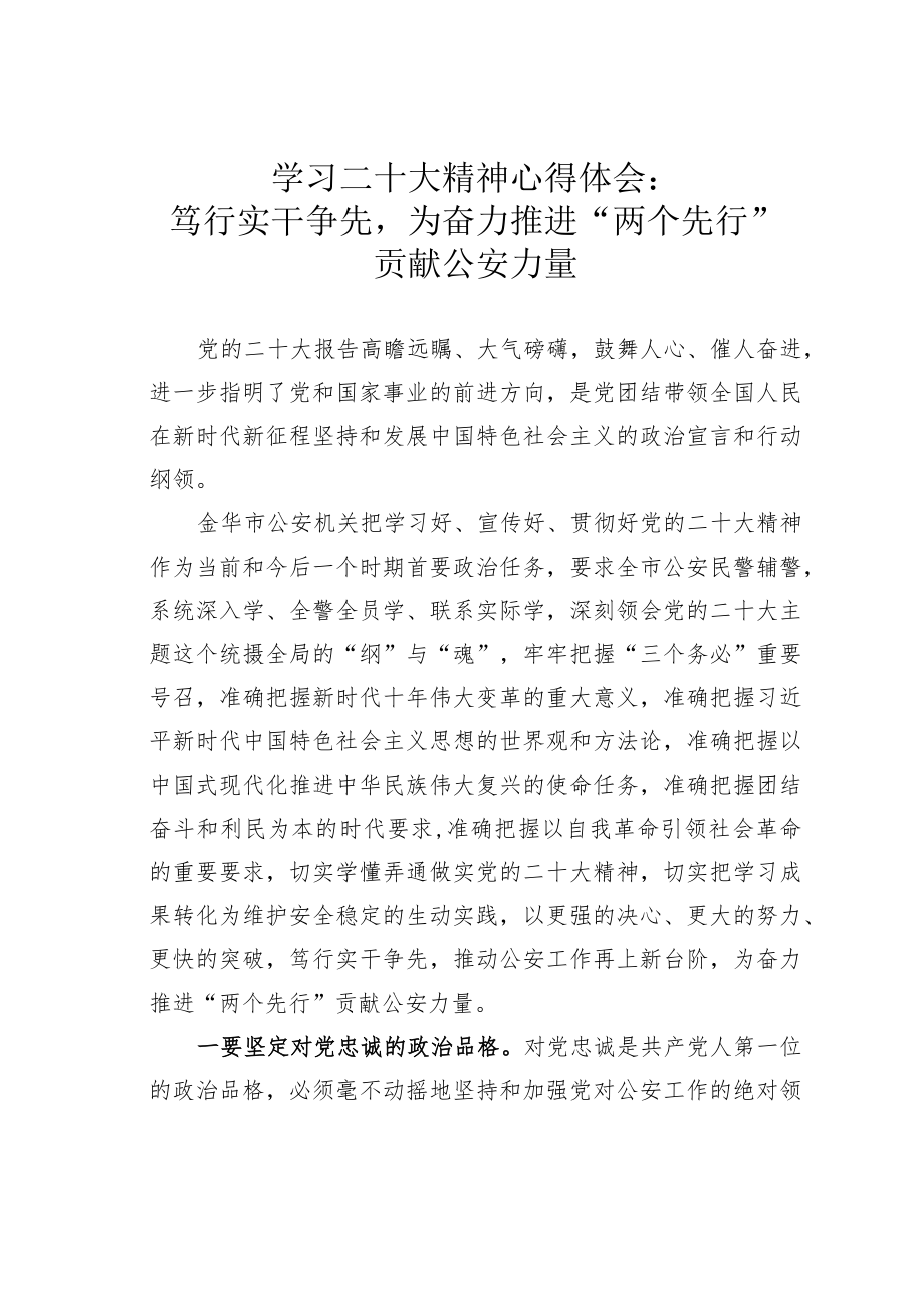 学习二十大精神心得体会：笃行实干争先为奋力推进“两个先行”贡献公安力量.docx_第1页