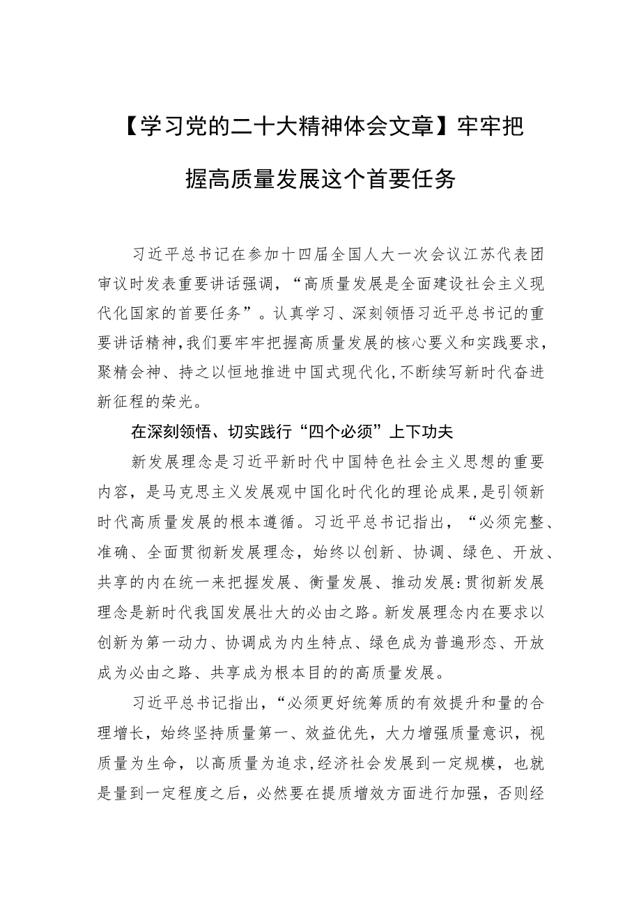 【学习党的二十大精神体会文章】牢牢把握高质量发展这个首要任务.docx_第1页