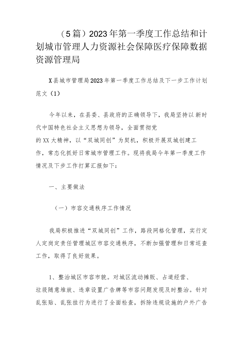 （5篇）2023年第一季度工作总结和计划城市管理人力资源社会保障医疗保障数据资源管理局.docx_第1页