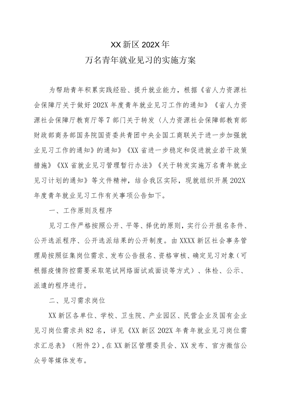 XX新区202X年万名青年就业见习的实施方案.docx_第1页