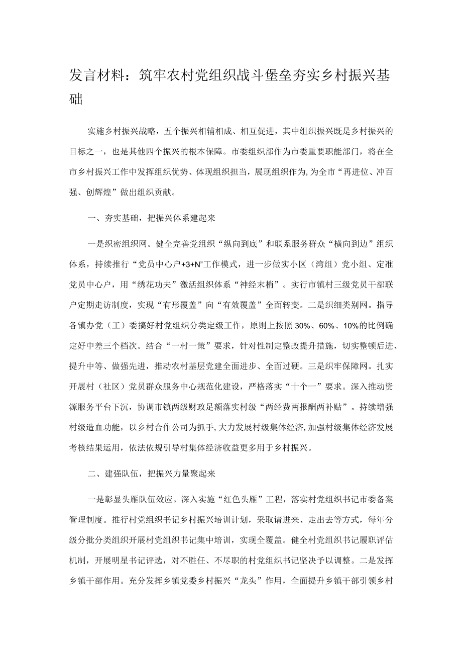 发言材料：筑牢农村党组织战斗堡垒 夯实乡村振兴基础.docx_第1页