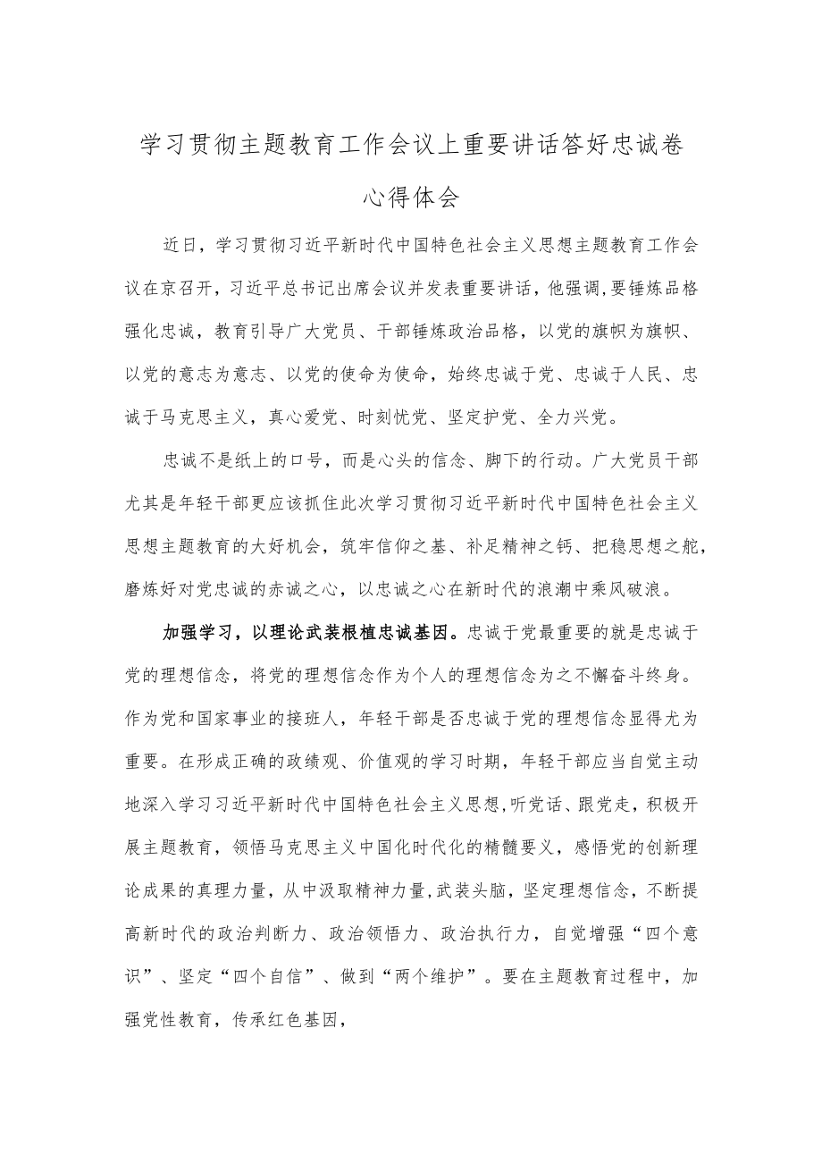 学习贯彻主题教育工作会议上重要讲话答好忠诚卷心得体会.docx_第1页