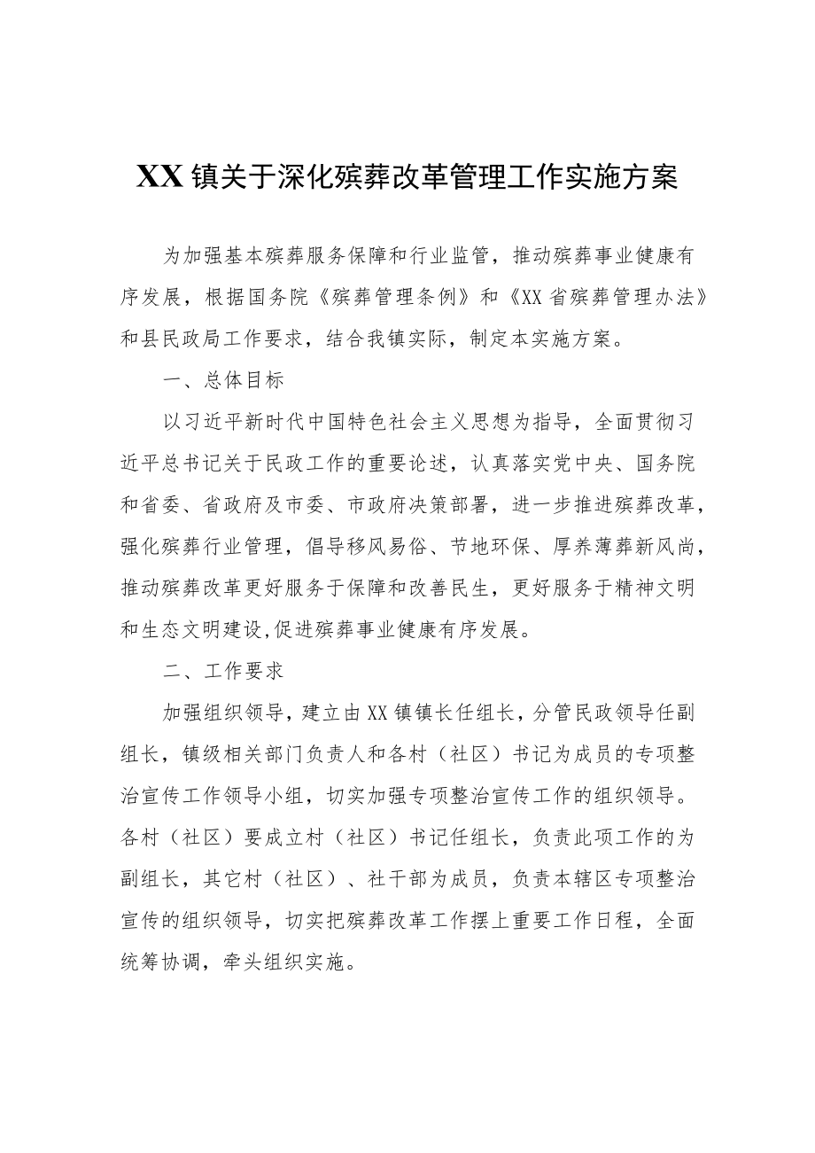 XX镇关于深化殡葬改革管理工作实施方案.docx_第1页