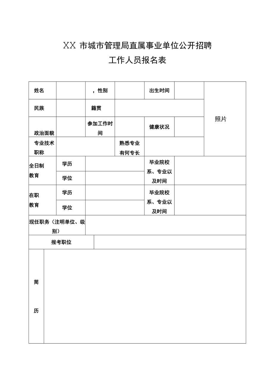 XX市城市管理局直属事业单位公开招聘工作人员报名表.docx_第1页