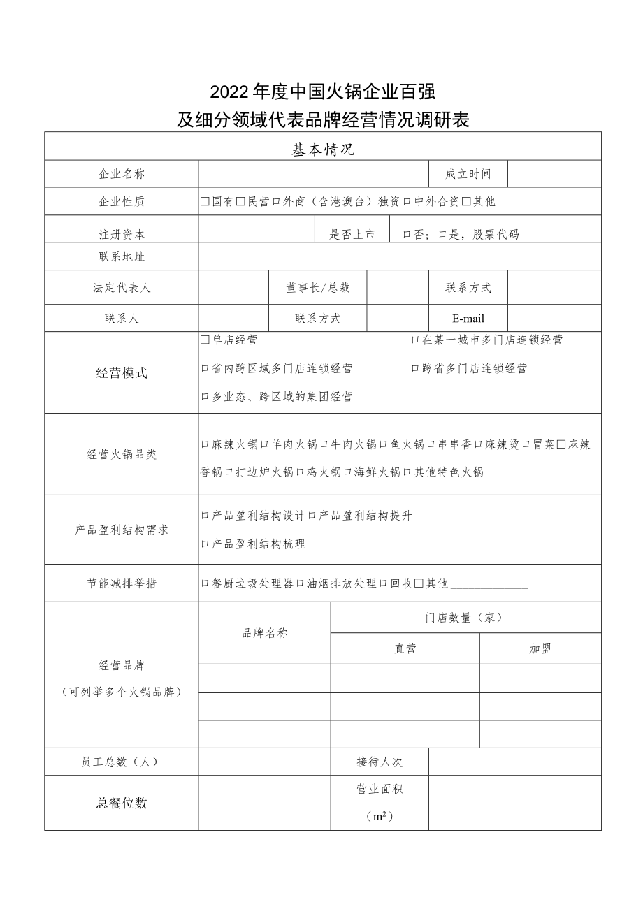 2022年度中国火锅企业百强及细分领域代表品牌经营情况调研表.docx_第1页