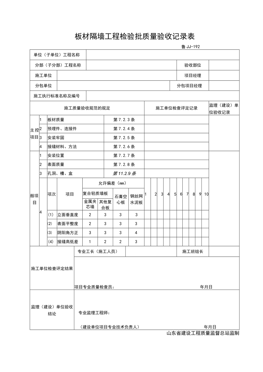 JJ192-板材隔墙工程检验批质量验收记录表.docx_第1页