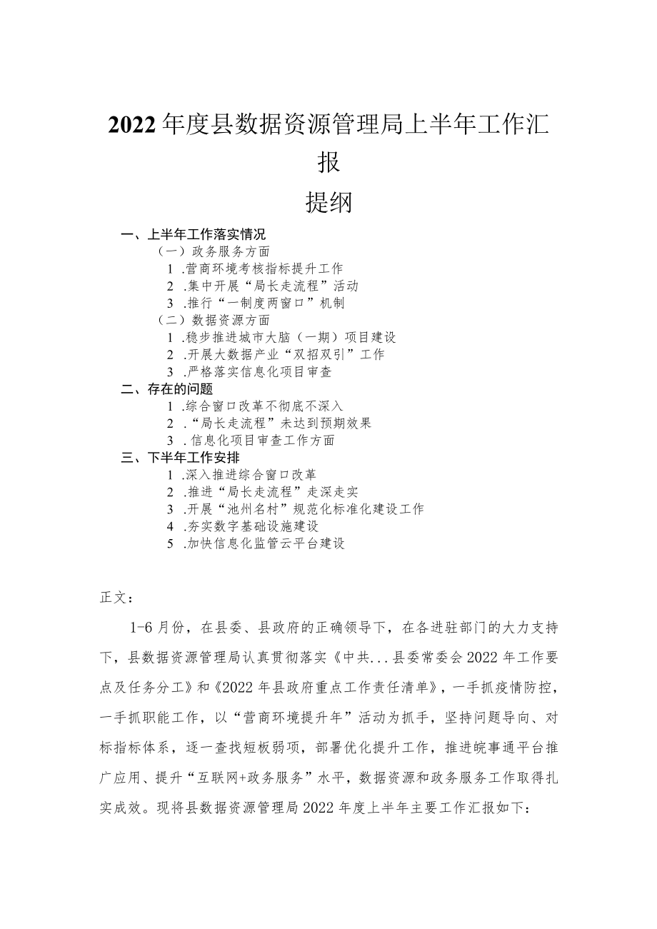 2022年度县数据资源管理局上半年工作汇报.docx_第1页