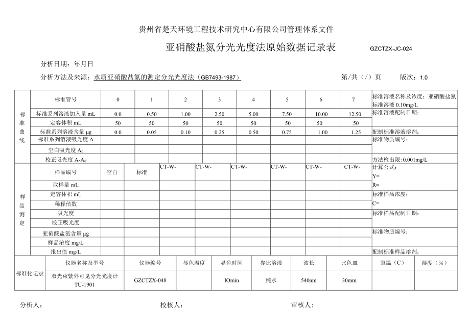 GZCTZX-JC-024-亚硝酸盐氮分光光度法原始数据记录表-30.docx_第1页